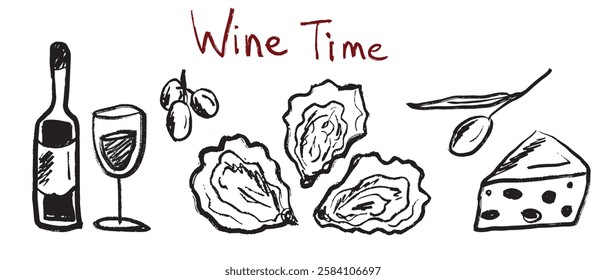 Glass wine bottle with red wine, oysters, cheese, olives and grape in in brush stroke texture isolated on white background. Hand drawn vector sketch illustration in vintage charcoal ink. Menu design