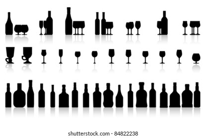 Glass and wine bottle set isolated on white, vector