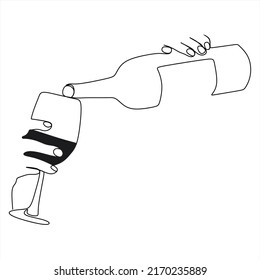 Vidrio con vino y botella. Ilustración vectorial. Dibujo blanco, fiesta, vaso lindo