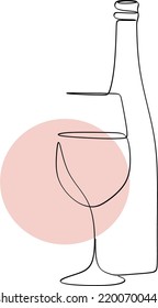 Glas mit Wein und Flasche. Vektorgrafik. Weiße Zeichnung, Party, süßes Glas