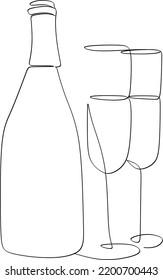 Vidrio con vino y botella. Ilustración vectorial. Dibujo blanco, fiesta, vaso lindo