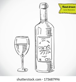 Glass of wine and a bottle, vector sketchy illustration isolated, hand - drawn