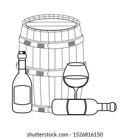 glass with wine bottles and wooden barrel over white background, vector illustration