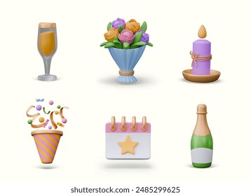 Glass of wine, bouquet, candle, confetti cracker, calendar with gold star, bottle of champagne