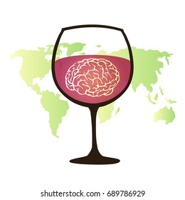 Glass of wine. Brain in a glass of wine. Vector illustration.