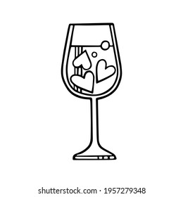 A glass of wine with bubbles and cute hearts.  Hand-drawn vector illustration in the style of doodles. A declaration of love. For the design of postcard, sticker, Valentine's Day, menu, poster, logo.