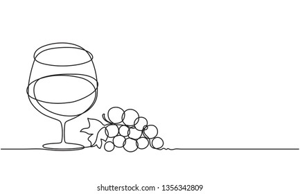 Glass of wine and a bunch of grapes. Drawing by a continuous line