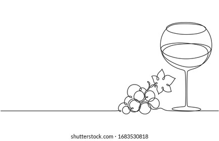 Glass of wine and a bunch of grapes. Drawing by a continuous line.	