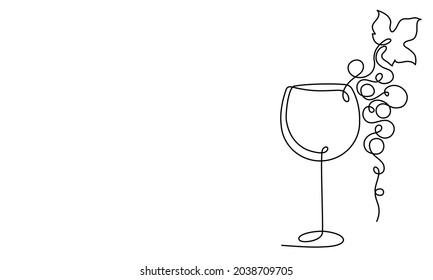 Glass of wine and a bunch of grapes. Drawing by a continuous line.	