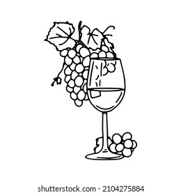 A glass of wine and a bunch of grapes emblem. Outline doodle drawing. Draw icon. Vector illustration