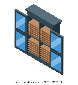 Icono del gabinete de vino de vidrio vector isométrico. Estante de madera. Caja de alcohol