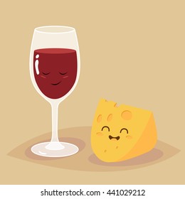 Glass Of Wine And Cheese Illustration. Vector Cartoon. Friends Forever. Comic Characters.