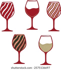 Glass of wine, Christmas drink, red, cup, vector, set, collection. Watercolor, Vintage. Greeting design, invitation, celebrate, event, party, merry Christmas