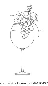 Glass of wine and cluster of grapes. Bunch of grapes. Vine. Vector line drawing on white or transparent background. Grapevine. Cluster of grapes. 