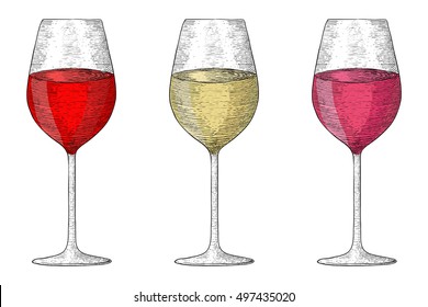 Glass of wine. Collection of hand drawn sketches. Vector illustration isolated on white background