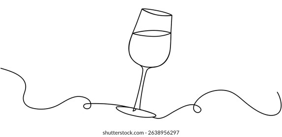 Glass with wine continuous line drawing. Cheers toast symbol. Celebration concept. Champagne drink. Vector illustration isolated on white.