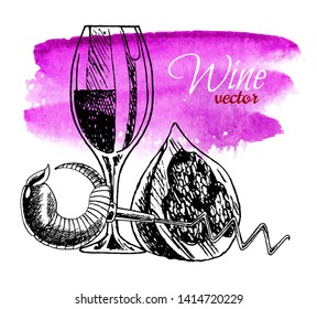 Glass of wine and corkscrew. Black vintage engraved vector illustration isolated with watercolor background. For label, poster and web.
