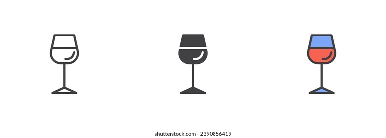 Glas Wein verschiedenen Stil Symbol Set. Linie, Glyph und gefüllte Umrissversion, Umriss und ausgefülltes Vektorzeichen. Symbol, Logo-Abbildung. Vektorgrafik