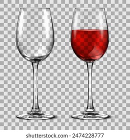 Vaso con vino y vacío sobre fondo transparente. Ilustración vectorial