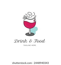 Vaso de vino y tenedor marged concepto para restaurante o bar logo Ilustración vectorial sobre fondo blanco.
