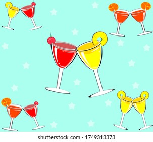 A glass of wine and fruit juice, pineapple, cherry and citrus