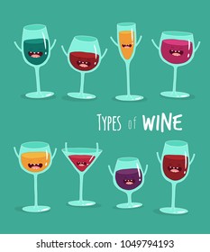 glass of wine, funny wine, wine set, use in the menu, in the shop, in the bar, the card or stickers. Funny food and drink. Vector illustration.