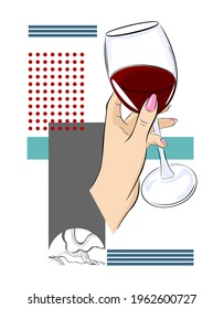 
A glass of wine in the girl's hand. Wallpaper, postcard. background with a picture of a hand with a glass