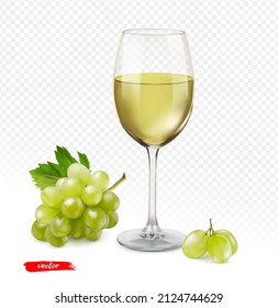 Das Glas Wein und Traube einzeln auf transparentem Hintergrund. Realistische Vektorgrafik.