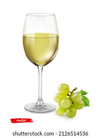 The glass of wine and grape isolated on transparent background. Realistic vector illustration.