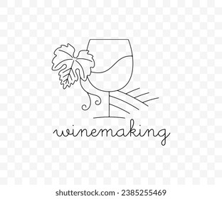 Glass wine, grape leaf and vineyard, graphic design. Winery, wine, vinery, winemaking, alcohol, drink and drinking, vector design and illustration