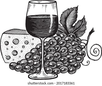 A glass of wine, grapes and cheese, vector illustration. Vintage graphics and handwork. A collection of fruits and berries.