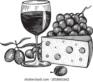 Un vaso de vino, uvas y queso, ilustración vectorial. Gráficos antiguos y trabajo a mano. Una colección de frutas y bayas.