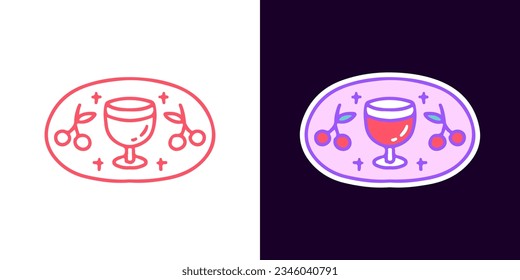 Glass of wine and grapes fruit emblem, illustration for logo, t-shirt, sticker, or apparel merchandise. With doodle, retro, groovy, and cartoon style.