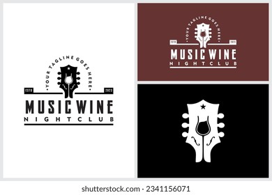 Glass Wine Guitar Live Music Concert for Bar Cafe Restaurant Nightclub Vintage Label logo design