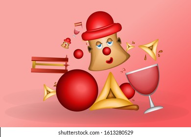 A glass of wine with Haman ears and a clown, for Purim holiday