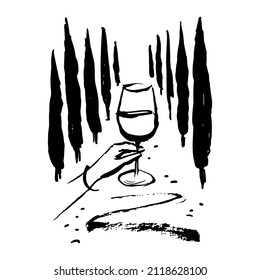 A glass of wine in hand against the backdrop of Tuscany cypresses. Ink illustration. svg