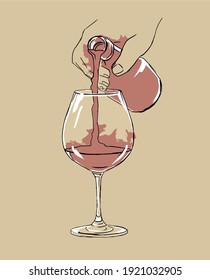 Glass of wine. Hand. Celebration. Icon. Illustration with wine. Vector. Toast. Sketch with wine. Bottle. Illustration for a bar, restaurant.