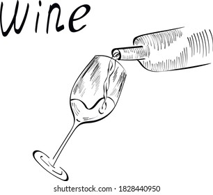 Glass with wine, hand drawn outline illustration and lettering isolated on white background. Concept for logo, menu, cards