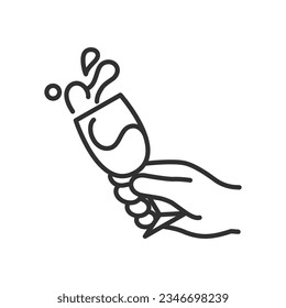 Glass with wine in hand, linear icon, drops. Line with editable stroke
