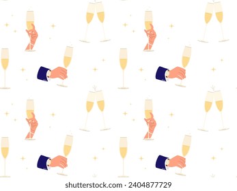 Glass of wine in hand Seamless pattern. Champagne in glass Vector illustration