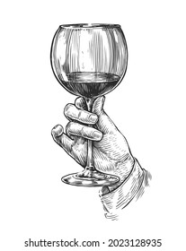 Vidrio de vino en mano. Esbozar ilustración vectorial vintage