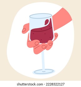 Glass of wine in hand, wineglass with red wine. Female hand holding wine glass isolated flat vector illustration on white background