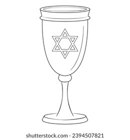 Glass of wine. Happy Hanukkah Illustration. Coloring page. Line Art.