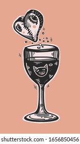 The glass with wine and heart. Doodle illustration. Good sticker.