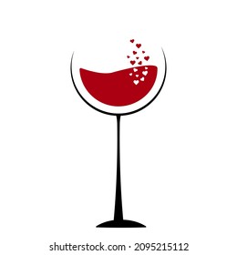 Vidrio de vino con corazones. Plantilla de diseño simple vectorial de vectores de vectores de vinos, barras y amores.Ilustración vectorial.