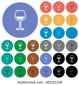 Glass of wine multi colored flat icons on round backgrounds. Included white, light and dark icon variations for hover and active status effects, and bonus shades on black backgounds.