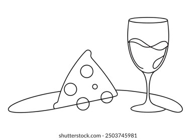 A glass of wine next to a slice of pizza on a table continuos line art vector illustration