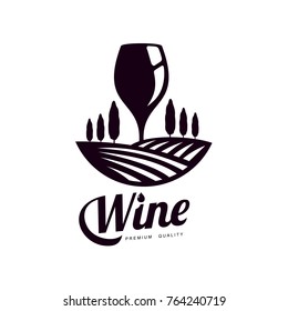 Glass of wine on background of field of vineyard with trees. Elegant Company logo, brand icon design. Isolated illustration on a white background.