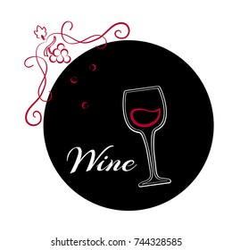 Glass of wine on black background. Outline wine logo design. Vector illustration.