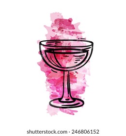Glass of wine on a pink watercolor background. Hand drawn sketch style, isolated abstract vector art illustration icon. Design for stickers, logo, web and mobile app.